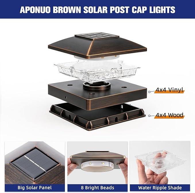 APONUO Solar Post Cap Lights for 4x4 Posts - IP64 Waterproof, Warm White, Wireless Fence Lights & Deck Lights for Patios, Gardens, and Yards, Brushed Copper, 6 Pack