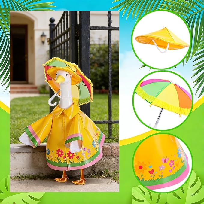 Raincoat Porch Goose Outfits, 3 Pcs Set Spring Summer Lawn Goose Statue Raincoat Clothes, Yard Gooses Costume Raincoats Umbrella Hat Outfit for 23" Statue Patio Garden Decoration
