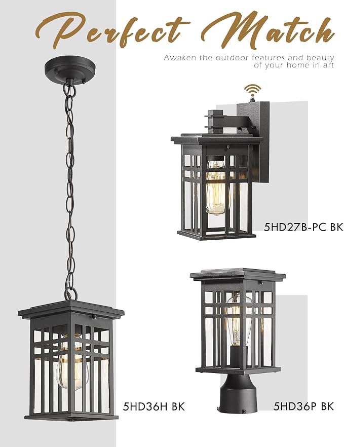 Dusk to Dawn Sensor Outdoor Wall Sconces - HWH Exterior Wall Mount Light Fixture Matte Black, 2-Pack Porch Lights for Garage, Doorway, Balcony, Garden, 5HD27B-PC-2PK BK