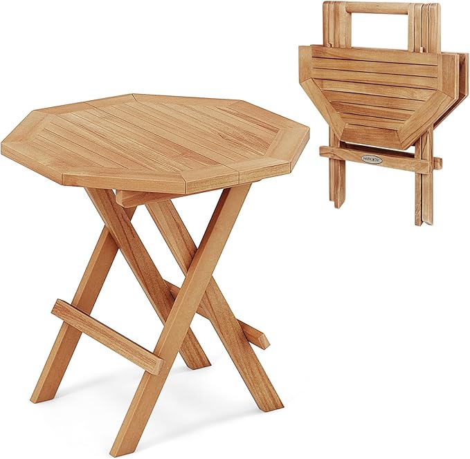 Tangkula Patio Folding Side Table, Teak Wood Octagon Coffee Table w/X-Shaped Legs & Slatted Tabletop, Portable & Compact Outdoor End Table for Backyard, Deck, Lawn