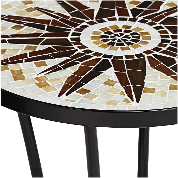 Teal Island Designs Sunburst Modern Black Metal Round Outdoor Accent Side Table 14" Wide Brown Mosaic Tabletop Gracefully Curved Legs for Spaces Front Porch Patio Home House Balcony Deck Shed Yard
