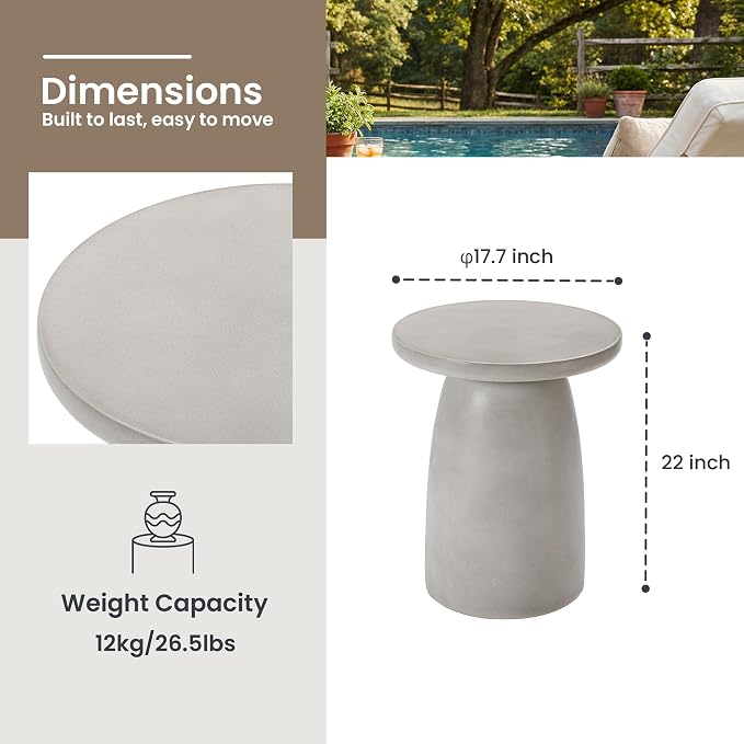 HOMPUS Outdoor Side Table, Concrete Side Table Faux Stone Hourglass Shaped, Patio Round Accent Table, Lightweight MgO Circular Coffee Table Garden Tool for Home Decor, Porch and Deck, Grey