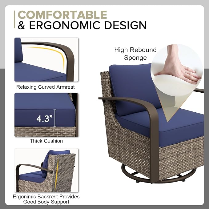 COOS BAY Aurora Terrace 7 Piece Outdoor Sectional Furniture Set, Half Moon Rattan Wicker Conversation Set with Swivel Chairs, 4 Seat Sofa, Coffee & Side Table for Patio Garden Yard, Beige/Blue