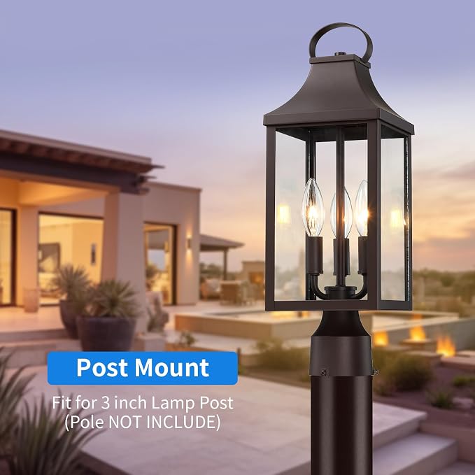 18.62 Post Light Outdoor, Large 3-Light Lamp Post Light Fixture, Brown | Modern Pillar Outside Lighting Waterproof Post Lantern Lamp Outdoor Post Light Fixtures Pole Lights for Porch, 1 Pack