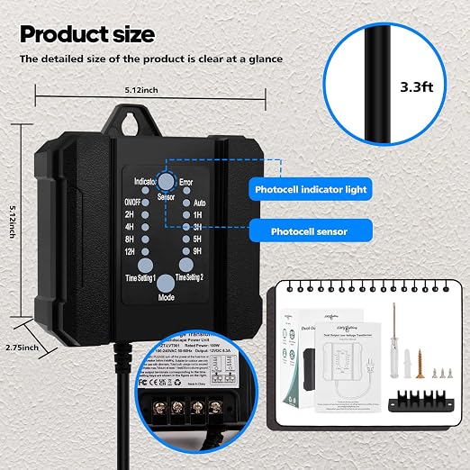 100W Outdoor Low Voltage Transformer with Timer and Photocell Sensor,120V AC to 12V DC Weatherproof for LED Landscape Lighting,Deck Lights,Spotlight, Pathway Light,ETL Listed