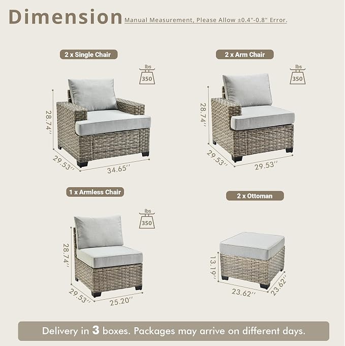 Weaxty 7 Pieces Outdoor Furniture Set, Patio Sectional Sofa Wide Seats Couch Chair with Ottoman, Thick Cushion All-Weather Rattan Patio Conversation Sets for Backyard Porch Balcony, Grey