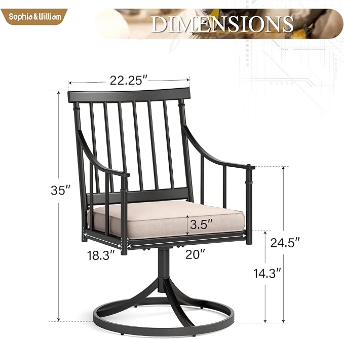 Sophia & William Swivel Rocker Chairs, Set of 2, 360° Swivel, Wrought Iron | Steel, Padded Cushions, E-Coated, All-Weather