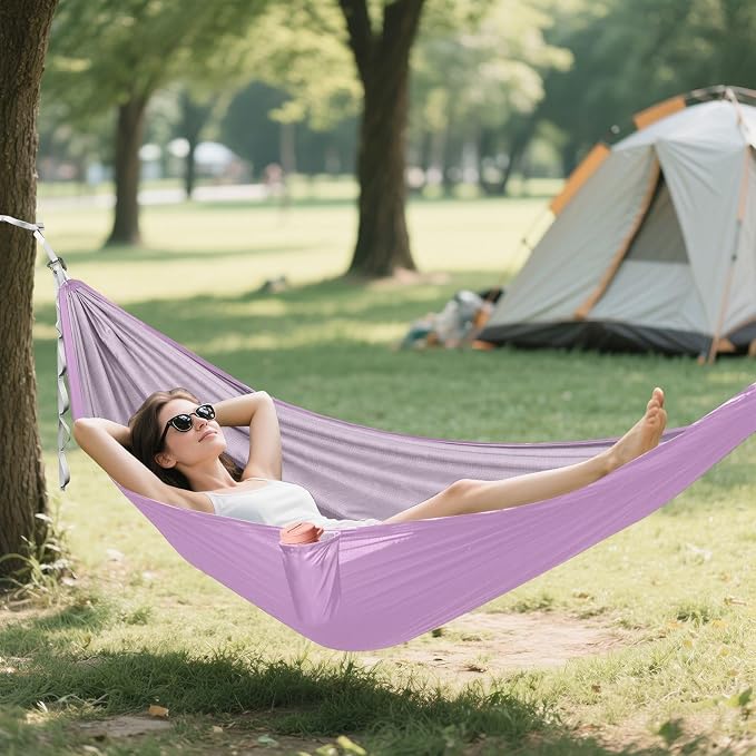 Lilac Solid Color Camping Hammock, Portable Lightweight Single Hammock with Tree Straps and Aluminum Carabiners, 114" x 54" Travel Hammock for Hiking Backpacking Beach