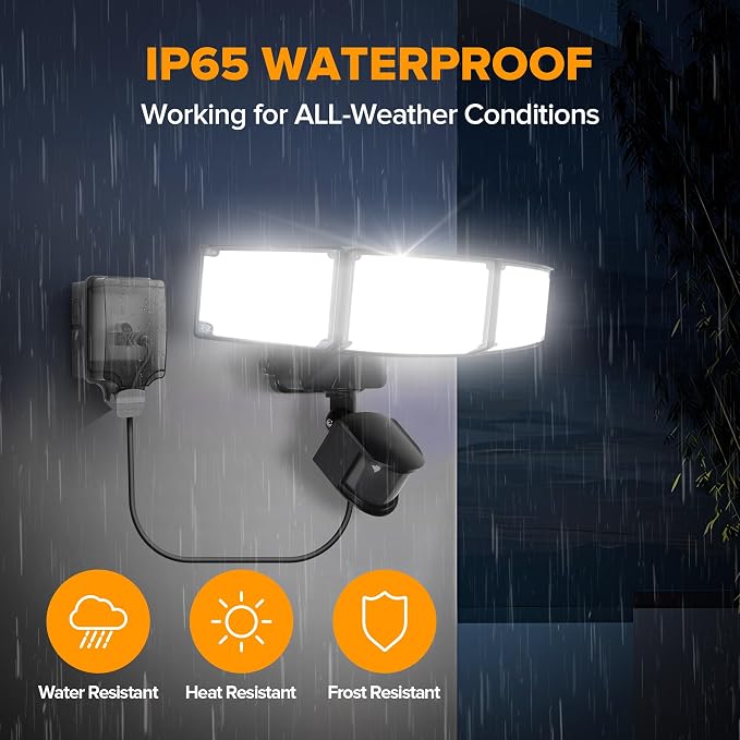 LUTEC 50W Motion Sensor Outdoor Lights, 5500 LM Plug in Flood Light Outdoor, Dusk to Dawn, IP65 Waterproof Security Lighting, 5000K Daylight, Adjustable Wall-Mounted for Garage, Yard, Porch (Black)