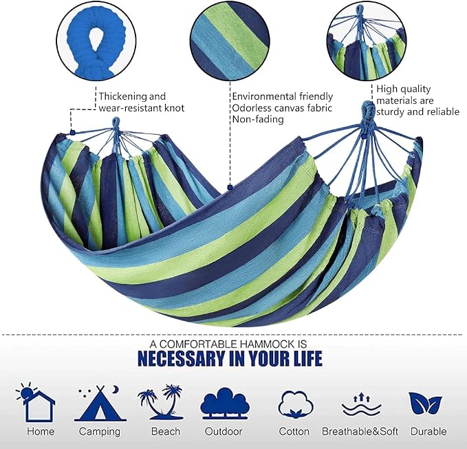 Cotton Canvas Hammock with Tree Straps - Portable Hammock for Outdoor Indoor Patio Backyard, Camping Hammock with Carry Bag, 440lbs Capacity, Without Stand(Blue, Without bar)