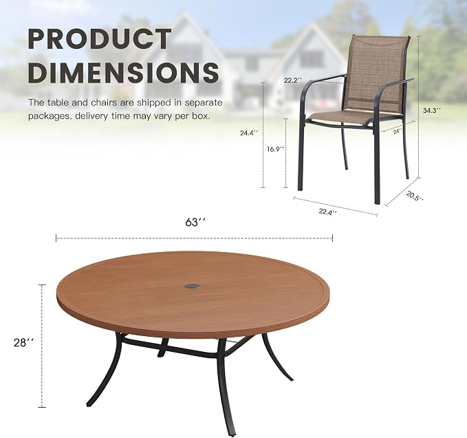 11 Pieces Outdoor Dining Set, Stackable Textilene Paito Chairs & 63" Round Dining Table with Umbrella Hole, Patio Dining Set for Backyard, Deck, Garden, Brown & Walnut