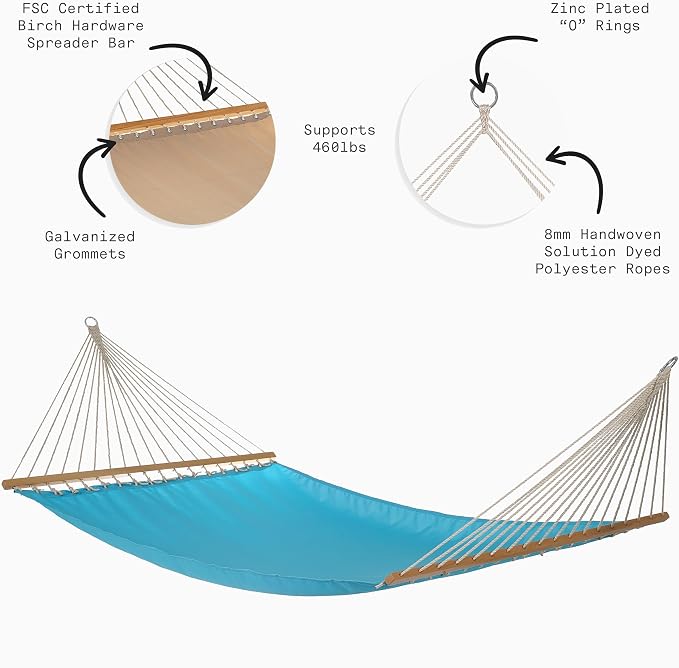 Fab Habitat Solid Recycled Polyester Hammock - Fargo - Blue - Indoor/Outdoor, Quick Dry, 2 Person 460 lbs Capacity - Patio, Poolside, Backyard, Garden, Beach, Balcony - 12-14 ft Adjustable