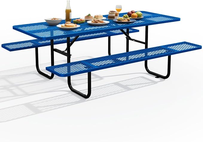 72 Inch Heavy Duty Picnic Table for Outdoors, Rectangular Camping Table with Benches and 1.78" Umbrella Hole, Commercial Grade Steel Frame, 2200 lbs Load Capacity, Blue