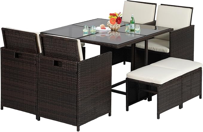 Patio Table and Chairs Set Outdoor Patio Furniture Set Patio Dining Sets 9 Pieces Space Saving Outdoor Dining Set with 4 Chairs 4 Ottomans Glass Table for Outdoor Backyard Porch Poolside Balcony,Khaki