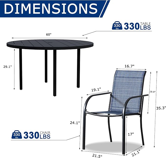 9 Pieces Patio Dining Set for 8, Dark Blue Patio Stackable Chairs and Black Round Table Set of 8, Outdoor Furniture Set with Sling Support for Outside, Garden