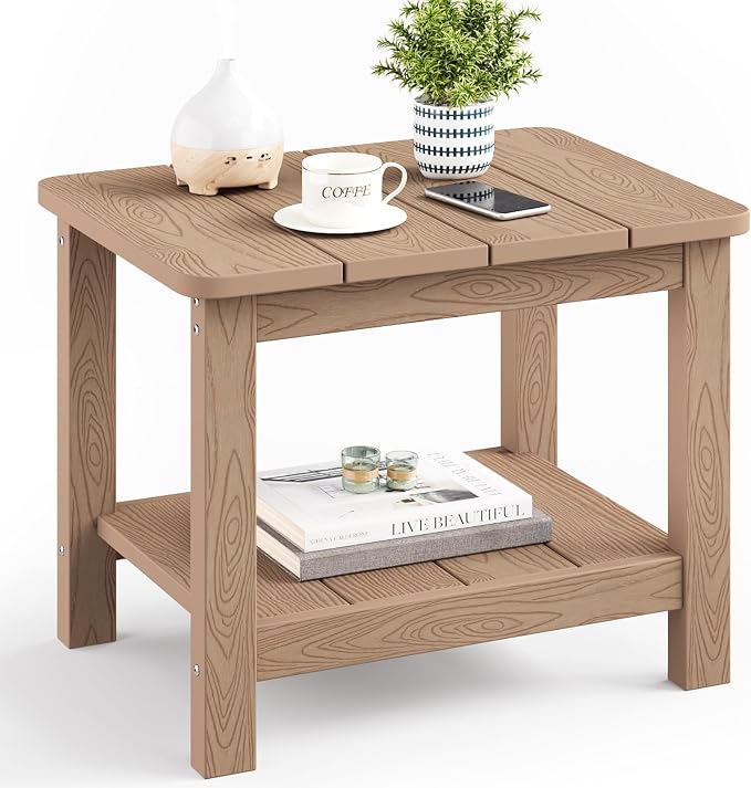 18" Outdoor Side Table, 2-Tier Patio Side Table, Weather Resistant, Easy Assembled, HIPS Adirondack Side Table for Backyard, Pool, Indoor, Teak