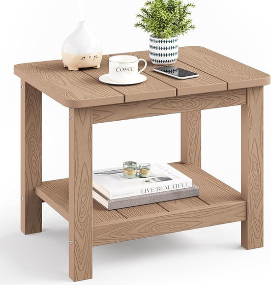 18" Outdoor Side Table, 2-Tier Patio Side Table, Weather Resistant, Easy Assembled, HIPS Adirondack Side Table for Backyard, Pool, Indoor, Teak