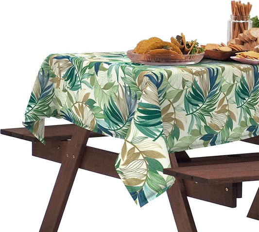 DYTXIII Outdoor Rectangle Tablecloth with Umbrella Hole and Zipper 84" x 60", Water Repellent Floral Picnic Cover, Fade & Wrinkle Resistant Tablecloth for Patio/Garden/Party Table, Lush Leaf Green