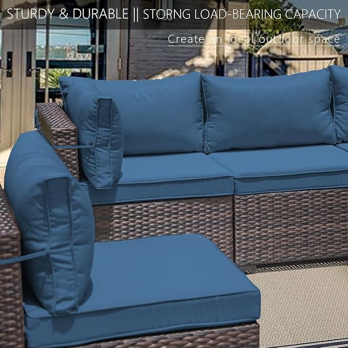 ALAULM 7 Pieces Patio Furniture Set Wicker Patio Conversation Set, Outdoor Sectional Furniture w/Coffee Table & Washable Seat Cushions-Dark Blue