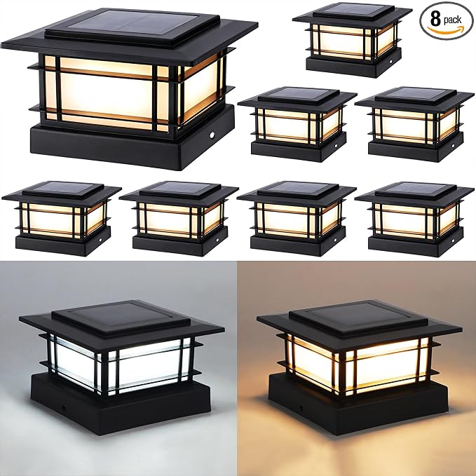 Dynaming 4x4 Solar Post Cap Lights Outdoor with 2 Color Modes, 8 Pack Fence Post Solar Lights Black Shell Fit for 4x4 Vinyl/Wooden Posts, High Brightness LED Lighting Decor for Garden Deck Patio