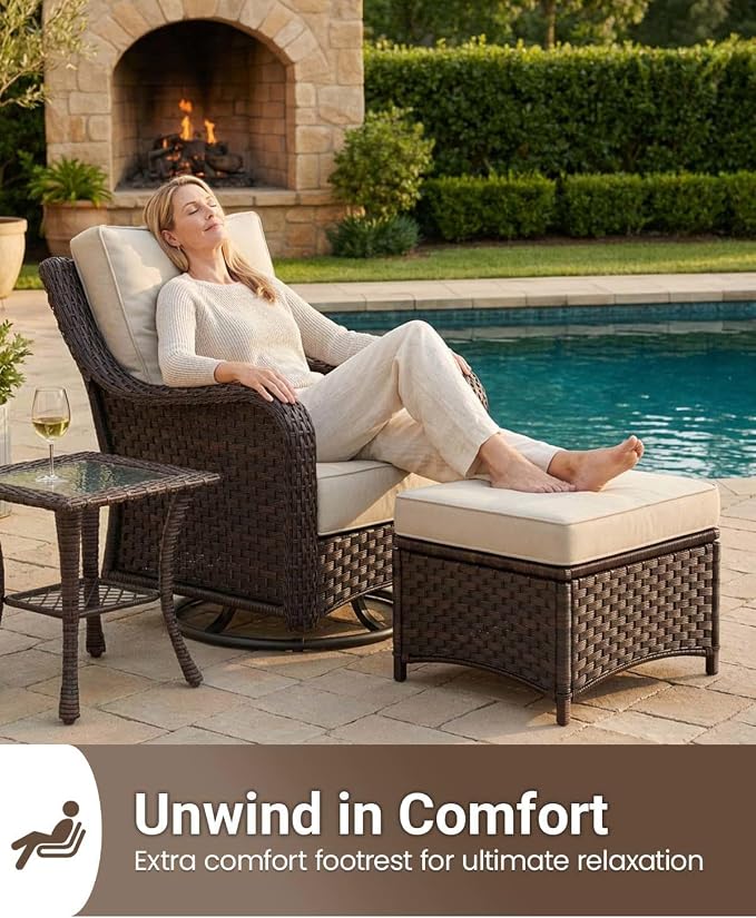 6 Pieces Outdoor Furniture Set with 6-inch Cushions, High Back Wicker Swivel Rocker Chairs with Coffee Table, Luxury Conversation Set for Deck Patio and Poolside