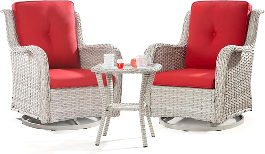 Joyside Outdoor Swivel Rocker Patio Chairs Set of 2 and Matching Side Table - 3 Piece Wicker Patio Bistro Set with Premium & Soft Fabric Cushions(Light Grey/Red)