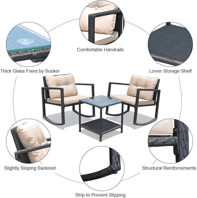 Tangkula 3 Pieces Patio Wicker Rocking Set, Outdoor Rocking Chairs and Table Set with Cushions, Glass Coffee Table with Storage Shelf, Suitable for Patio, Garden, Poolside, Balcony (Beige)