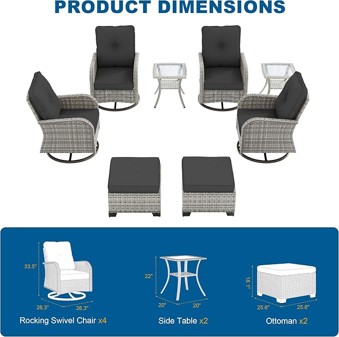 8-Piece Small Patio Furniture Set, Outdoor Swivel Rocking Chairs Set with Ottomans, Patio Bistro Set for Balcony, Deck, Porch, Black