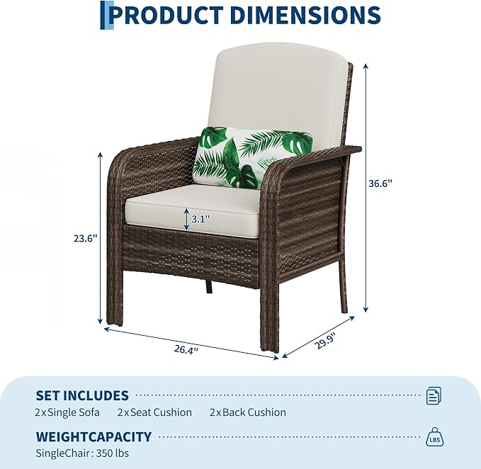 GarveeTech Outdoor Wicker Chairs,2-Piece Brown Patio Furniture Set, All-Weather High-Back Rattan Chair with Thick Cushions for Deck, Porch, Balcony, Backyard, Garden(Brown Wicker with Beige Cushions)