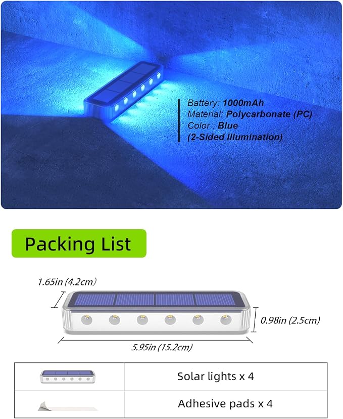 DetarZinLED Blue Solar Step Lights, 12 LEDs 2-Sided Glow, IP68, 4 Pack | IP68 Waterproof, Solar Powered, Auto ON/OFF, Stick on, Sturdy Polycarbonate Shell, for Outdoor Dock, Deck, Flat, Stair, Porch