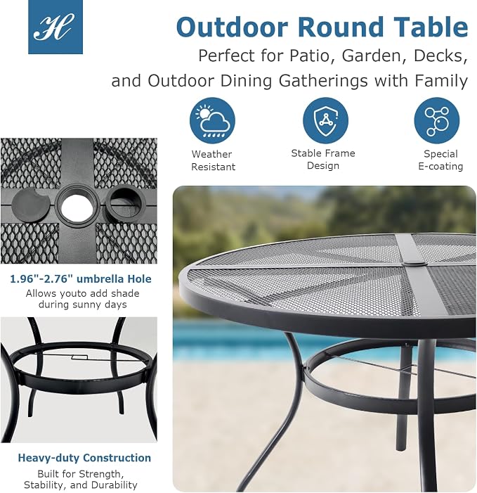 5 Piece Patio Dining Set for 4, 42” Black Round Table with Umbrella Hole and 4 Beige Blue Patio Stackable Chairs, Patio Table and Chairs for Backyard, Lawn, Deck & Garden