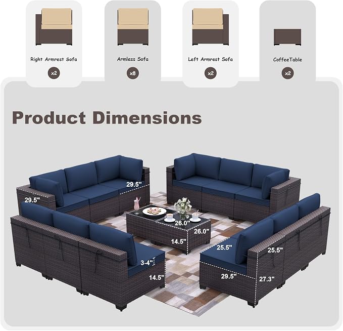 Kurapika 14 Pieces Patio Furniture Set, Rattan Wicker Outdoor Conversation Sets w/4 Inch Cushion and Glass Coffee Table(Navy Blue)