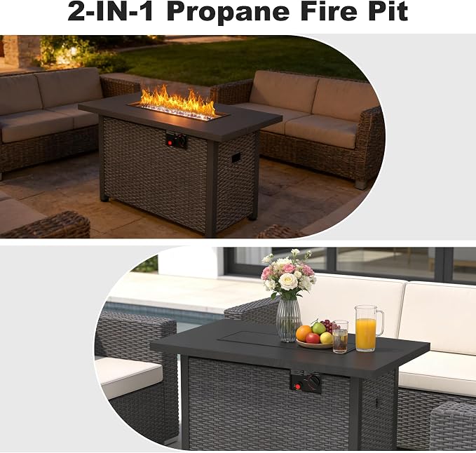 Patio Furniture Set w/ Fire Pit Table, 6PCS Outdoor Conversation Sets Waterproof Rattan Sectional Sofa with 4” Thickened Cushion Modular Wicker Patio Furniture Set with Glass Top Table (White)