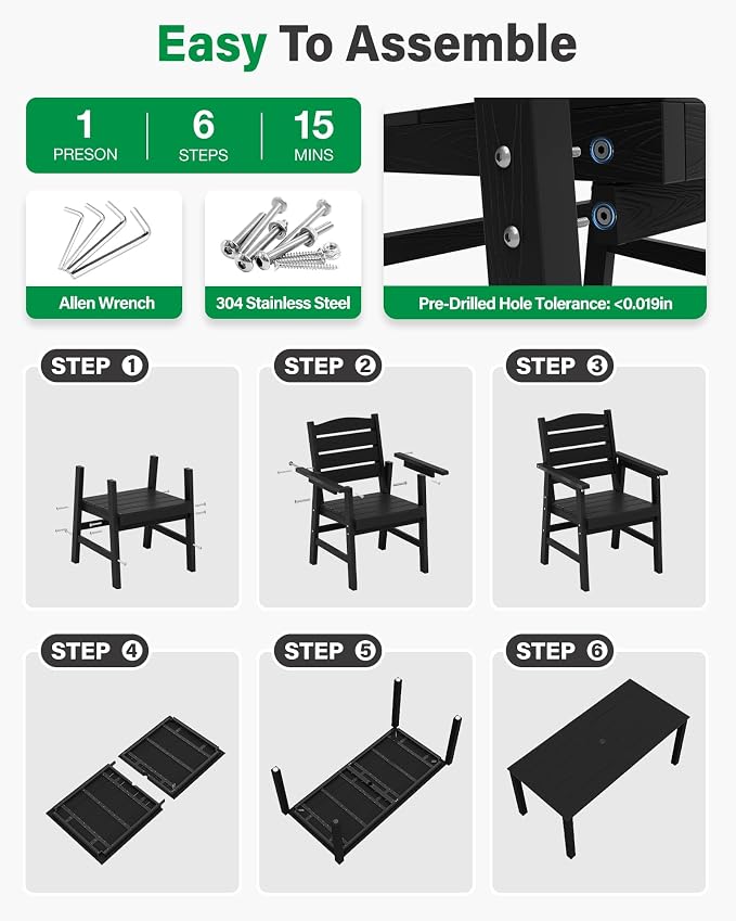 YEFU Patio Dining Sets HIPS: 5-Piece Outdoor Table and Chairs with Umbrella Hole - All-Weather Plastic Patio Dining Set for 4 Modern Furniture with Metal Aluminum Frame for Family with Deck/Pool Black