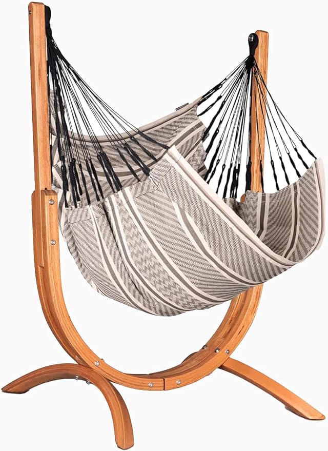 LA SIESTA Udine Indoor Hammock Chair Set with freestanding Wooden Stand, Double-Size, GOTS Organic Cotton Chair with FSC-Certified Eucalyptus Wood Stand - Zebra