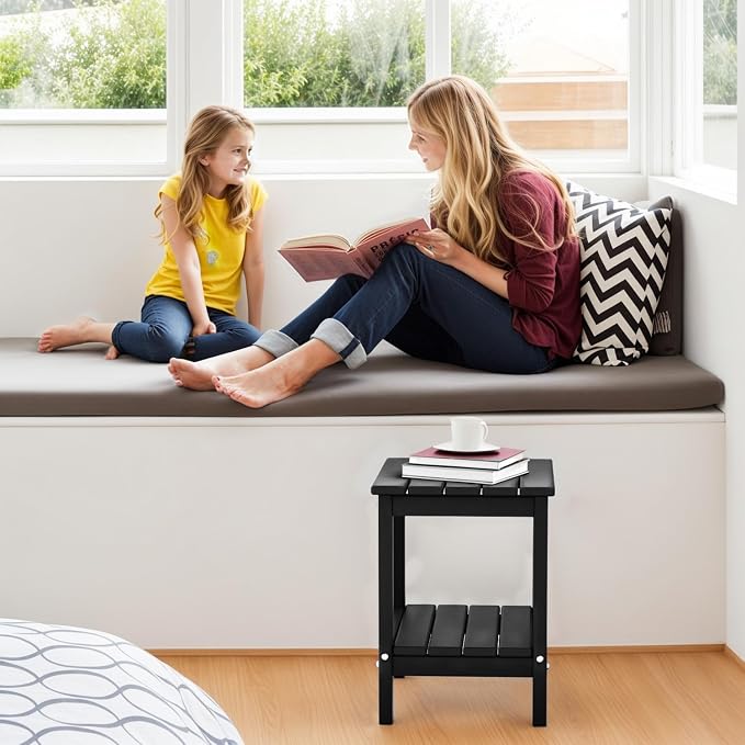IVY&LANE Adirondack Outdoor Side Table | HDPE Plastic | Patio End Tables with Storage | 2-Shelf | Weather Resistant | Black | 14 x 13 Inches | for Outside Porch Deck Backyard Indoor