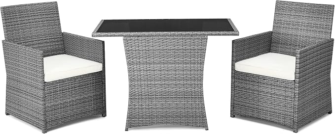 RELAX4LIFE 3-Piece Outdoor Furniture Set - All-Weather Wicker Rattan Patio Dining Set w/Tempered Glass Coffee Table & Cushions, Modern Bistro Conversation Set for Yard Balcony (White)