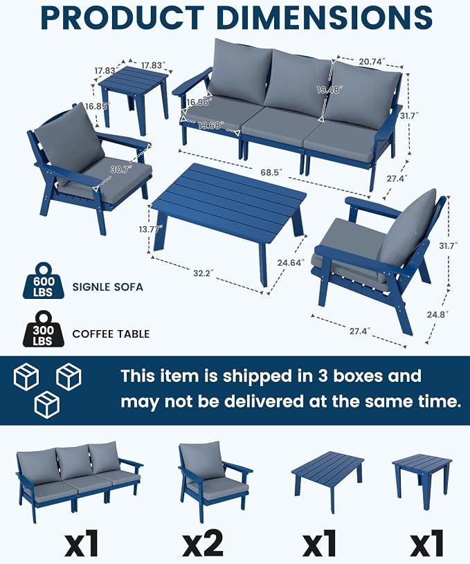 FOOWIN 7-Piece Patio Furniture Set, HDPE All-Weather Outdoor Conversation Set with Thick Cushions, Sectional Patio Sofa Furniture for Deck, Porch, Lawn, Garden, Navy Blue Frame & Grey Cushion