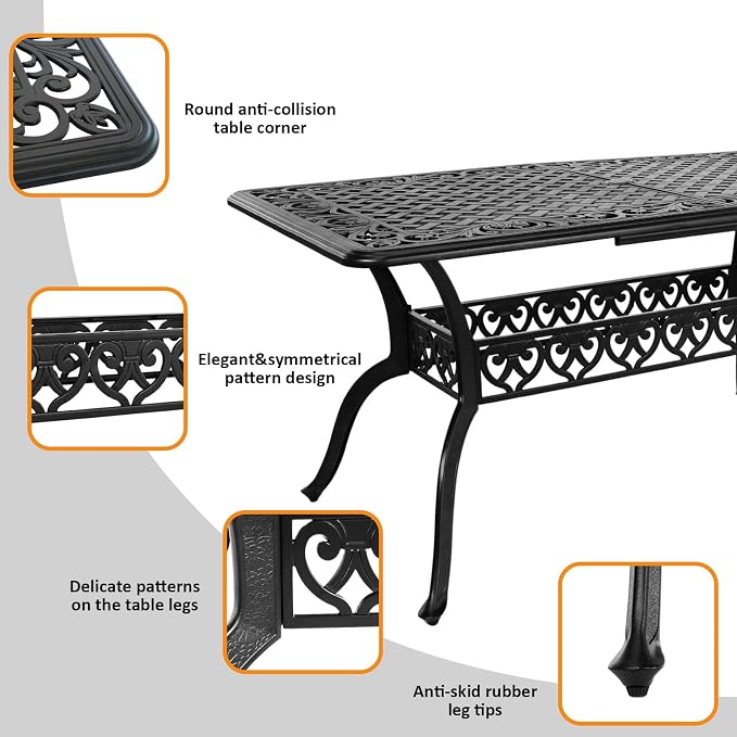 59" Cast Aluminum Outdoor Dining Table,Dining Conversation Side Table, Patio Bistro Table with 2.56" Umbrella Hole for Backyard, Garden, Patio, Porch