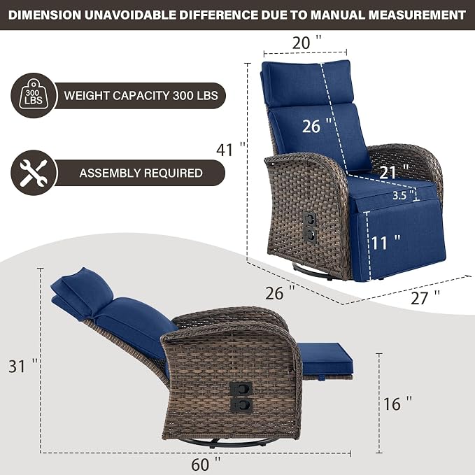 Belord Swivel Outdoor Recliner Chair Set of 2 - Patio Reclining Chair with Adjustable Backrest and Footrest, All-Weather Wicker Chaise Lounge Chair Outdoor for Pool Deck Brown (Upgraded 2.0)
