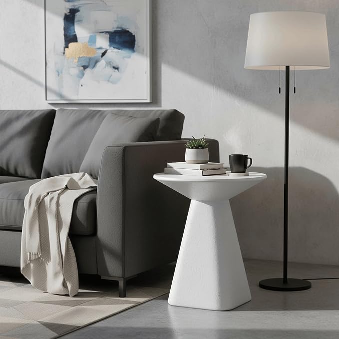 LeisureMod Elsie 18" Wide Circular Fiberstone Side Table for Indoor/Outdoor Use, Powder-Coated Finish, No Assembly Required for Living Rooms, Patios, or Bedrooms (White)