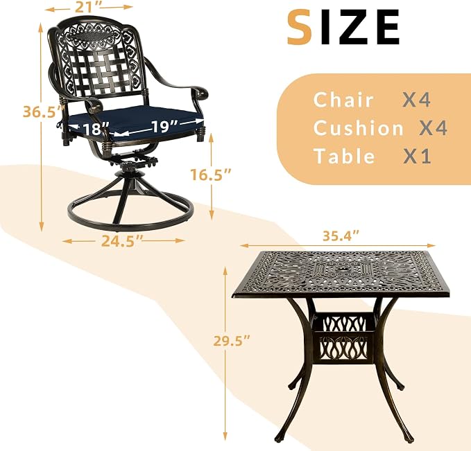 5 Piece Patio Dining Set, Outdoor Table and Chairs Set for 4 Cushioned Swivel Rocking Chairs and 35.4'' Square Table, All-Weather Cast Aluminum Patio Funiture Set, 2.2'' Umbrella Hole, Navy