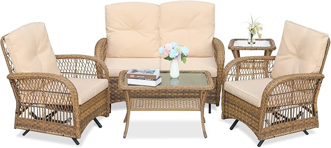 MEETWARM 5 Pieces Outdoor Wicker Patio Conversation Sets with Glider Loveseat, 2 Chairs with 2 Glass-Top Coffee Table Rocking Glider Set, Wicker Conversation Set with Thickened Cushions, Beige