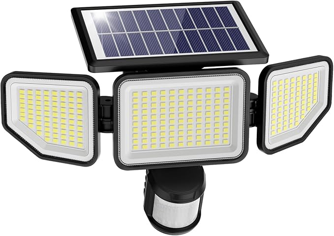 Onforu 4500LM Solar Lights Outdoor, 3 Heads Security Lights with Remote Control, IP65 Waterproof Motion Sensor Lights, 3 Modes Solar Light Fixtures for Wall, Porch, Yard, Outside, 1 Pack