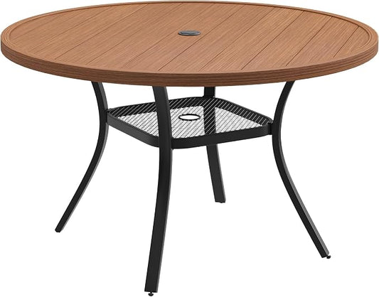 DIFY 48" Round Patio Dining Table for 6, All Weather Round Outdoor Metal Dining Table with 1.57" Umbrella Hole, Perfect for Backyard Lawn Garden, Walnut