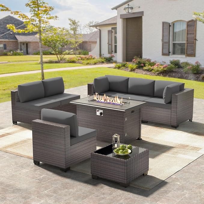8 Pieces Outdoor Patio Furniture Sets w/55000 BTU Propane Fire Pit Table,Wicker Conversation Sofa,Includes 6 All-Weather High Back PE Rattan Seating Components w/Coffee Table&Gas Fire Pit,Gray