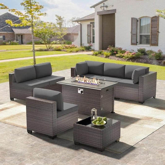 8 Pieces Outdoor Patio Furniture Sets w/55000 BTU Propane Fire Pit Table,Wicker Conversation Sofa,Includes 6 All-Weather High Back PE Rattan Seating Components w/Coffee Table&Gas Fire Pit,Gray