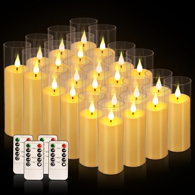 YOROXRG Flickering Flameless Candles Battery Operated with Remote,Led Pillar Candles with Realistic Moving Wick Candles for Halloween,Christmas,Home Decor Pack of 24 (D2.2 xH 5" 6" 7")(Ivory)