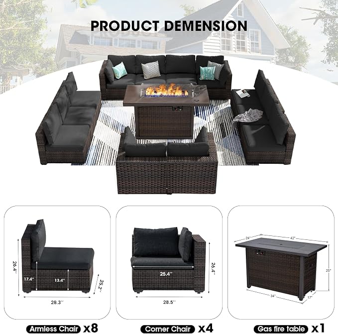 13 Piece Patio Furniture Set with Fire Pit Table All Weather PE Rattan Outdoor Sectional Sofa Couch with No-Slip Cushions for Garden, Poolside, Backyard (Black)