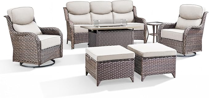 Luxury Patio Furniture Set with 6-inch Thick Cushion, Outdoor Furniture with Fire Pit Table, Swivel Chairs, Sofa, Side Table, Ottomans, 7pcs Wicker Conversation Set (Brown Wicker | Beige Cushion)
